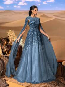 Elisanya Haute Glamour Luxurious Maxi Beaded Sequin Evening Gown With Dramatic Sheer Tulle Sleeves & Corseted Silhouette For Luxury Galas - Dusty Blue - View 3