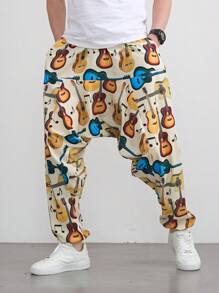 Pantalones harem sueltos de moda con gráfico de guitarra para hombres, uso casual diario, estilo hip hop y rock