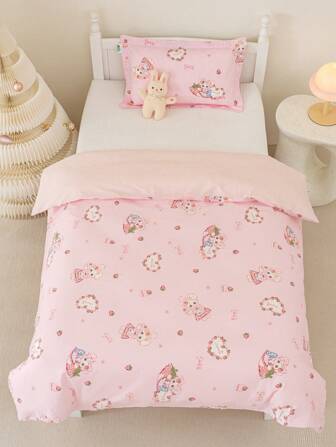 1 件粉色格子草莓小兔羽绒被套，温暖可爱的风格，柔软透气的床上用品套装适合女孩、卧室、宿舍、幼儿园、4 季（1 件羽绒被套，无填充物）