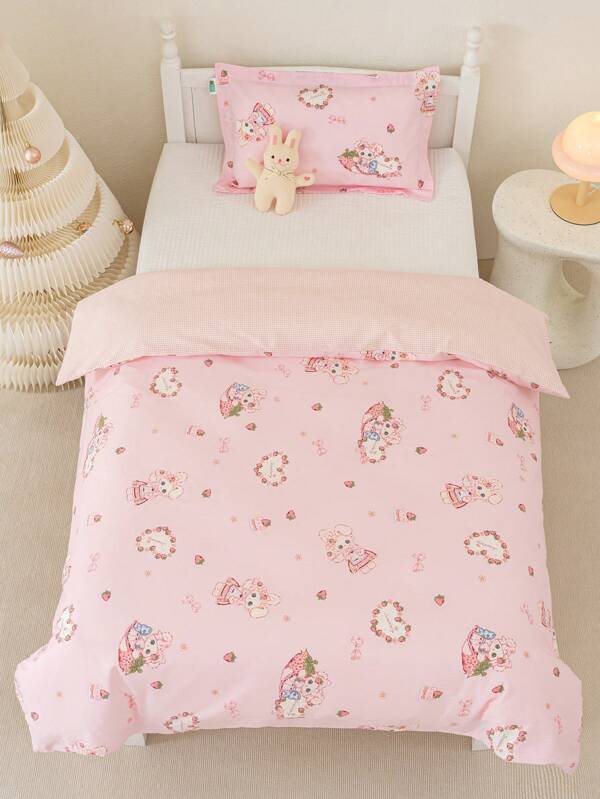 1 Stück rosa karierter Erdbeere Häschen Bettbezug, warm & süßer Stil, weich & atmungsaktiv Bettwäsche Set geeignet für Mädchen, Schlafzimmer, Studentenwohnheim, Kindergarten, 4 Jahreszeiten (1 Stück Bettbezug, ohne Füllung)