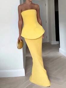 Bộ áo quây eo không dây và chân váy màu trơn đồng bộ cho nữ, trang phục mùa hè thanh lịch - Màu vàng - Xem 2