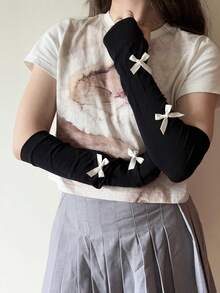 1 cặp Găng tay dài chống tia UV Ice Sleeves màu trơn thoáng khí chống nắng Găng tay lái xe đạp Unisex cho phụ nữ - Hai chiếc nơ đen - Xem 4