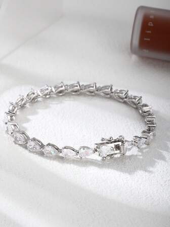 1pc 925 Sterling Silver Plated Platinum Zirconia Embedded 5mm Thick Round Water Drop Shaped Classic Elegant Bracelet, Suitable For Women's Daily Wear