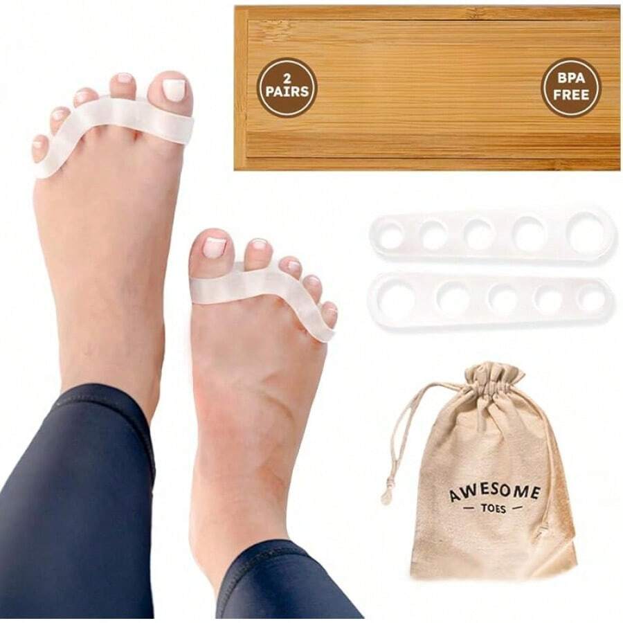 Awesome Toes Spacers & Separators, Fast Pain Relief From Hammertoe & Bunions, Two Pairs In Stylish Wooden Box, Latex-Rubber Toe Stretchers Used Walking, Running & Yoga Practice - Small & Medium Kit - View 1