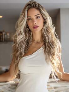 26" Sun Kissed Balayage Wig - T-Part Invisible Lace Front & 3-Tone Highlights - 挑染金色 - 查看 1