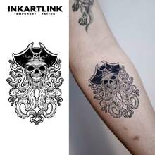INKARTLINK Etiqueta engomada del tatuaje temporal del esqueleto pirata misterioso de INKARTINK, diseño de tatuaje misterioso y fresco, resistente al agua de 1-2 semanas - Negro - Ver 2