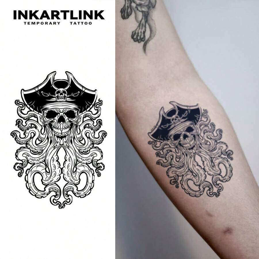 INKARTLINK Etiqueta engomada del tatuaje temporal del esqueleto pirata misterioso de INKARTINK, diseño de tatuaje misterioso y fresco, resistente al agua de 1-2 semanas