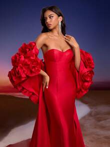 Anymoon Women's Luxury Handmade Floral Decor Formal Evening Gown/Wedding Dress With Train, Suitable For Formal Occasions, Parties And Weddings Spring Party - Red - View 10