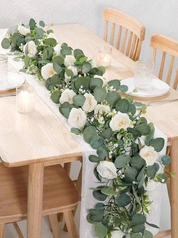1pc/2pcs/4pcs Home Decoration Artificial Simulation Peony Flower Vine, Christmas Decoration Table Decoration Flower Vine, Can Be Used As Room Decoration Flowers, Artificial Eucalyptus Garland With White Roses, Fake Rose Green Leaf Garland Flower Vine, Suitable For Wedding Home Party Table Flag Decoration