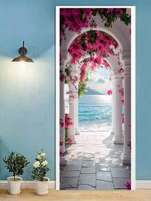 1 件现代可移除墙画门贴纸 - 白色柱廊配粉色花朵，卧室墙贴的抽象艺术海报，宁静的海岸景观设计，易于安装的纸质装饰，适用于家居装饰贴纸，个性化贴纸