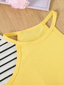 3pcs Set Girls Ribbed Stripe & Solid Color Comfortable Slim Fit Sleeveless Halter Dress - Yellow - View 5