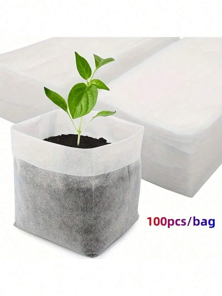 100  Non-Woven Fabric Seed Start Bags - White Fabric Planting Bags, Suitable For Home Gardens And Agricultural Uses, Soil Transplanting And Seedling Growth - White - View 1