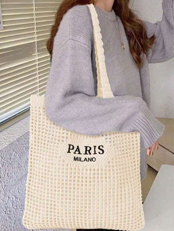 1pc Summer Beach Bag, Women Crocheted Tote Bag, Women Crochet Mesh Beach Handbag, Summer Vacation Aesthetic Boho Knitted Bag, Suitable For School, Beach, Travel Adventure, Shopping And Leisure Outdoor Activities, Minimalist Tote, Lightweight Beach Bag, Vacation, Vanilla Style, Casual, Beach Mode On, Summer Romance Vacation Vibe