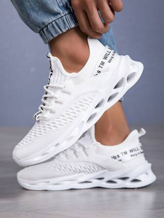 Men's Perforated Breathable Knit Sports Casual Running Shoes, Blade Shock Absorption Road Running Sneakers, Lightweight Comfortable Outdoor Travel Walking Trainers