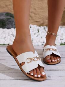 1 Pair Fashionable Minimalist Teenager Slide Sandals, Comfortable & Versatile, Chain Accent On Shoes, Suitable For Outdoor, Beach, Commuting