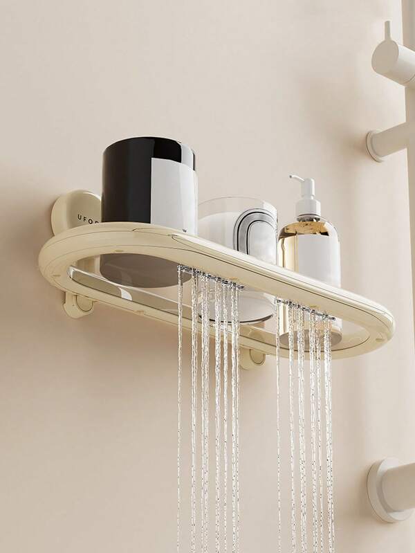 1pc Plastic Oval Wall Mounted Storage Rack With Suction Cups, Drainage Design, No-Drill Bathroom Organizer Shelf For Shampoo, Body Wash, Hand Soap And Toiletries
