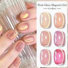MEET ACROSS 6 pezzi Smalto gel per unghie in vetro nudo da 7ml, con magnetismo, luccicante, colore rosa nudo cristallino, semi-permanente, da soak off per manicure UV LED