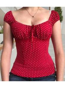 Women Short Sleeve T-Shirts Dot Print Tie-Up Front Casual Shirts Summer Fashion Slim Fit Tops Streetwear