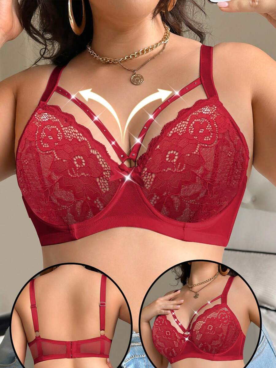 Áo ngực ren gợi cảm cỡ lớn cho nữ có thiết kế dây đeo hình bướm đính đá, áo ngực nâng ngực có gọng thoải mái, nâng ngực - Đỏ - Xem 1