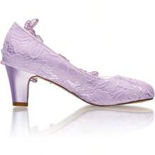 Emily Bridal Wedding Shoes Women's Silk Like Satin Chunky Heel Pumps With Stitching Lace Flower Crystal PearlChristmas - Tím nhạt - Xem 2