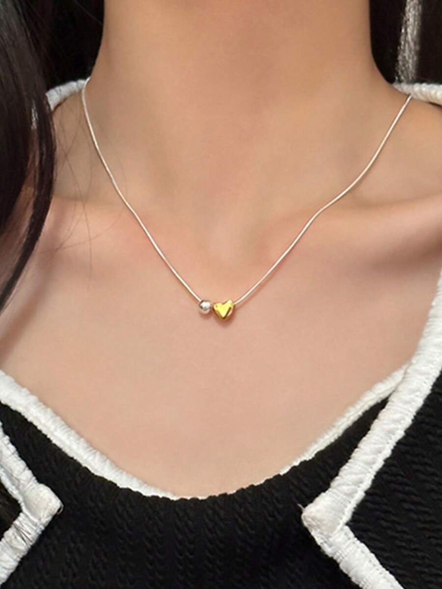 BALMORA 1 件 S925 纯银小圆珠撞色心形项链，适合女士日常佩戴、送礼派对、情人节礼物、母亲节礼物 - 銀色 - 查看 1
