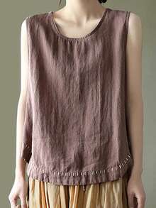 Women's Tank Tops Summer Causal Versatile Solid Color Plus Size Loose Sleeveless Linen Shirt - Brown - View 3