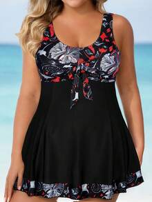 Plus Size Women Tropical Botanical Print Tie Front Tankini Swimwear Set - Black - View 2