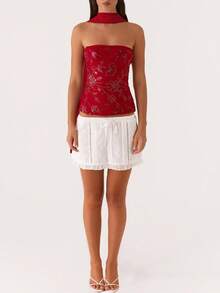 Women Y2K Sequin Tube Top With Neck Scarf Sparkly Floral Bandeau Cami Pearl Embellished Glitter Rhinestone Going Out Shirt - 紅色 - 查看 2