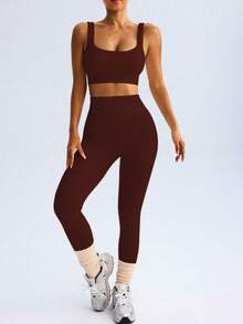 Fitness Set In Ribbed, Full-Bodied Polyamide - Top And Leggings - High Compression - Cà phê nâu - Xem 5