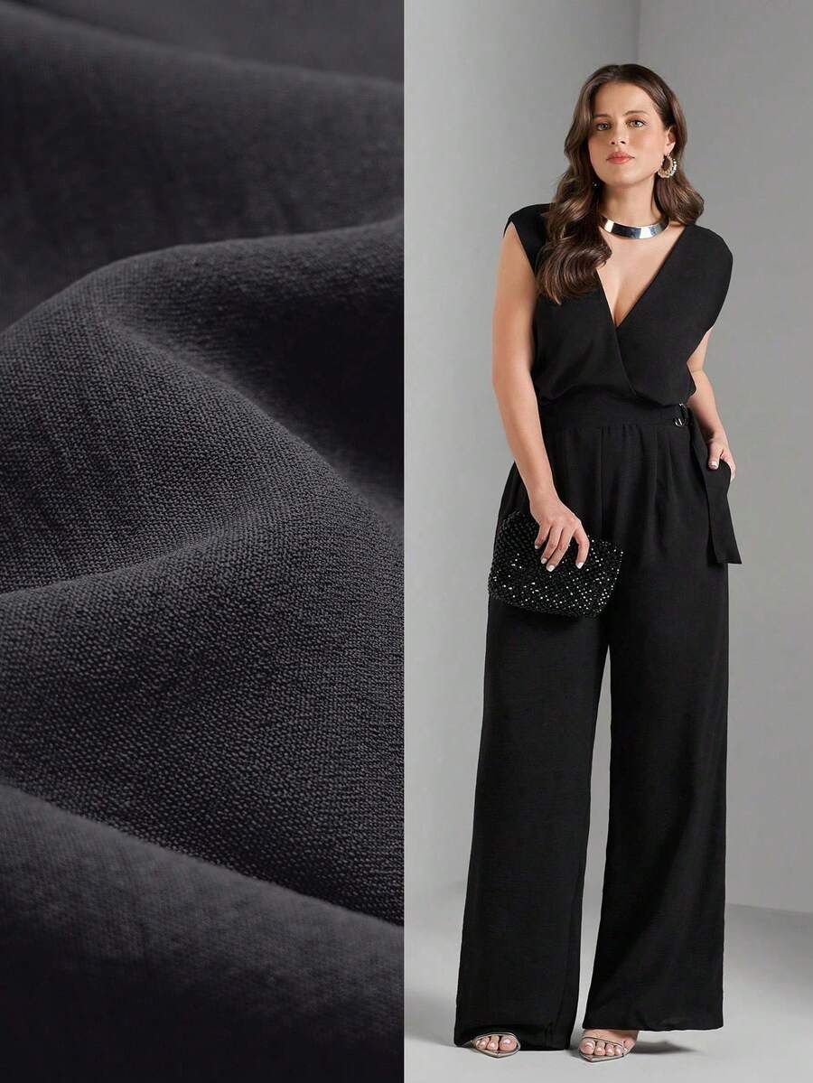FASHION MIX PREMIUM Elegant Long Jumpsuit Tailored With Detail At The Waist And V-Neckline Plus Size Women's Fits 46 To 50 - 黑色 - 查看 1