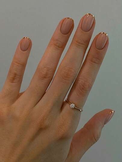 24 片金色法式短裸色方形按压指甲法式简约设计全覆盖假指甲适合女士和女孩日常佩戴美甲用品指甲