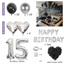 MZYI.LINGER 1050/21/200pcs Black & Silver Party Balloons Decorations, Silver Happy Birthday Banner, Chrome Silver Latex Balloons, Silver Heart Shaped Foil Balloons, 1000pcs Black Rose Petals, Suitable For Birthday Party, Birthday Decoration, Anniversary, Home Decor (18th/19th/20th/21st/25th/30th Birthday)