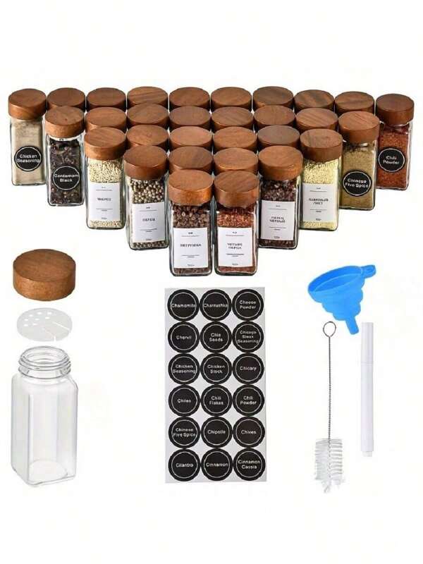 Square Glass Spice Jars Set With Bamboo Lids, 4oz Airtight Seasoning Containers With Labels- Transparent Condiment Pots For Herbs, Spices, And Pantry Organization