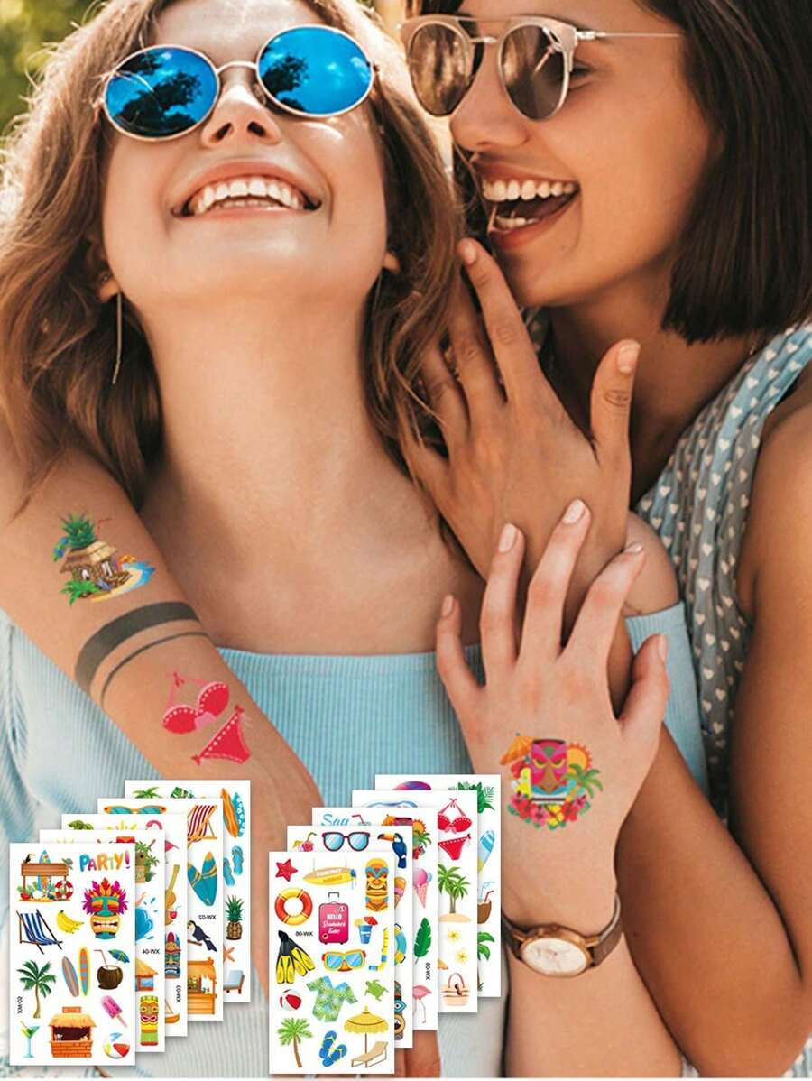10 Peças Adesivos de Tatuagem Temporária Havaiana À Prova d'Água, Adequados para Decoração de Festa de Praia no Verão