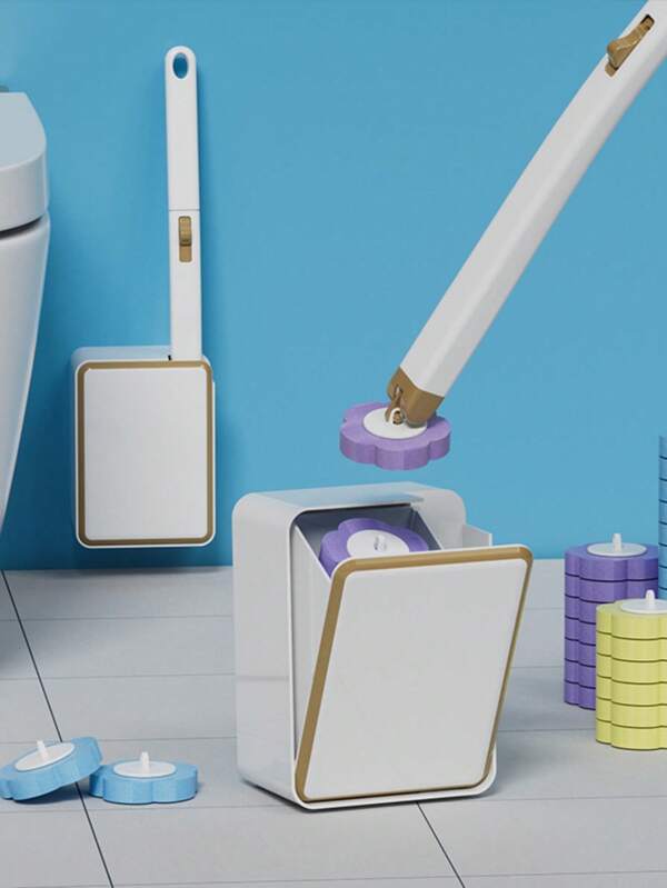 1 conjunto de escova descartável para vaso sanitário, escova descartável para chuveiro, cabeça de escova substituível, conjunto de escova com cabo longo, escova para vaso sanitário com agente de limpeza, cabeça de escova solúvel, manchas fáceis de remover, acessórios para banheiro, escova para vaso sanitário de parede, limpeza de banheiro sem pontos cegos, adequada para a vida doméstica, dormitórios universitários e itens essenciais para o retorno às aulas, Dia Nacional