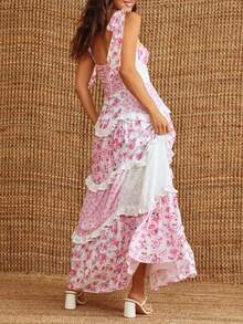 Summer Dresses For Women Boho Floral Maxi Dress Tie Shoulder Y2k Smocked Deep V Neck Lace Patchwork Sundress Sleeveless Flowy Dress Beach Vacation Long Dress Clothes Outfit