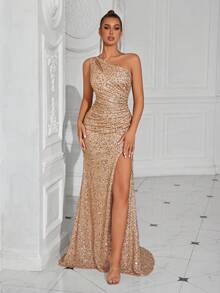 Vestido de fiesta con abertura frontal envolvente de lentejuelas y espalda abierta