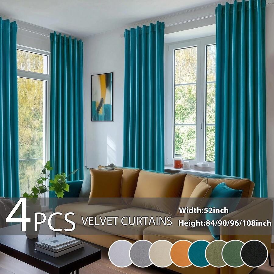 4 Panels Velvet Curtains Blackout Thermal Insulated Rod Pocket Drapes For Bedroom Living Room , Super Soft Velvet Drapes For Bedroom Living Room Thermal Insulated Window Drapes Machine Washable - Xanh ngọc - Xem 1