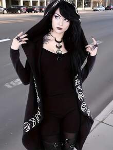 Cárdigan Con Capucha Para Mujer Con Patrón De Brujería, Estilo Gótico, Mangas Largas Con Capucha,Gótico Diablo Con Capucha,Fiesta Sudaderas de Mujer - Negro - Ver 1