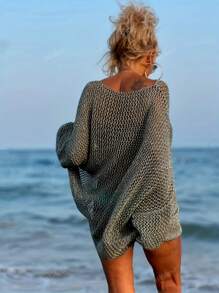 Women'S Plus Size Sexy Hollow-Out Loose Vacation Beachwear Knit Coverup With Pockets, Long Sleeves, And Round Neckline