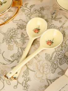 1pc Korean Style Ceramic Cream-Colored Coffee Cup And Saucer Set, Rose Flower Design, Suitable For Home, Club, Cafe, And Office Use Back To School