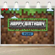 1 件像素风格生日派对背景横幅，适用于生日派对、蛋糕桌横幅、拍照亭、卡通游戏派对背景装饰用品礼品