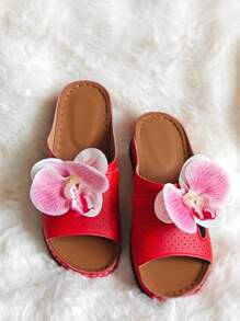 1 Pair Casual Beach Sandals With Cute Floral Print, Wide Comfort Footbed, Thick Platform, Vacation Holiday Summer House Slippers With Dopamine Color Blocking, Hawaii Design