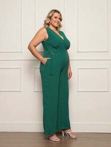 FASHION MIX PREMIUM Elegant Long Jumpsuit Tailored With Detail At The Waist And V-Neckline Plus Size Women's Fits 46 To 50 - 墨綠色 - 查看 4