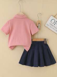 2pcs/Set Girls Pink POLO Shirt And Pleated Skirt Outfit, Suitable For Summer