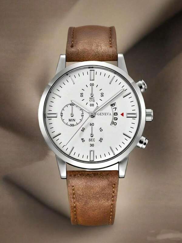 1 Piece/Set Of Fashionable Men's Watch With Three Eyes, Calendar Belt, Business And Leisure Watch