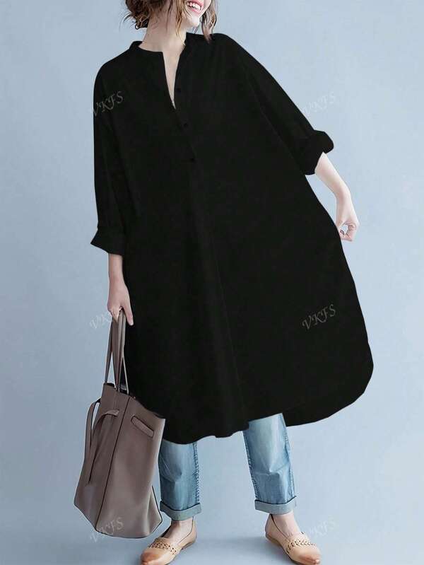 Plus Size Women's Casual Minimalist Button Half-Placket Long Dress