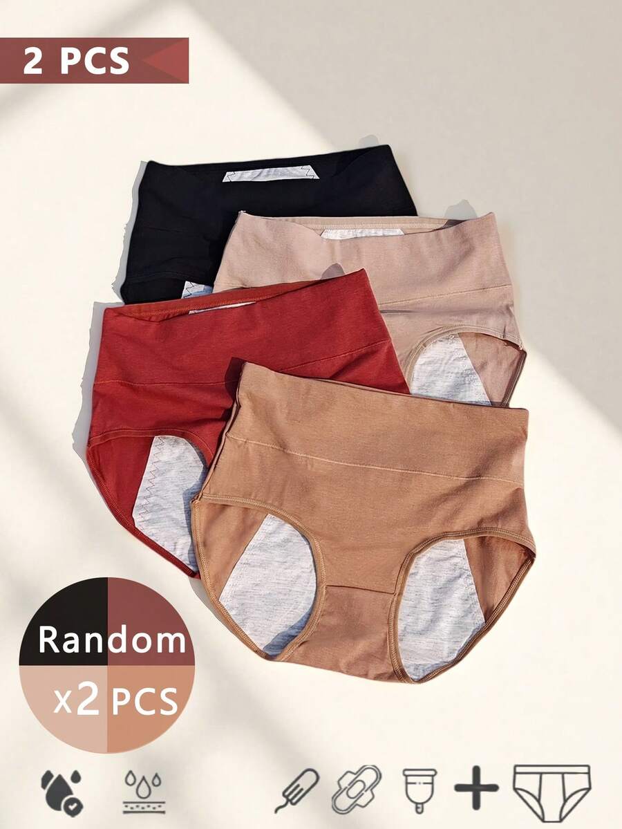 2 peças/pacote Calcinha Menstrual de Cintura Alta para Mulheres, Calcinha Menstrual de Algodão Puro (Cor Aleatória), Cós Mais Largo, Alta Elasticidade, Plus Size XS-XXL, Entrega Aleatória