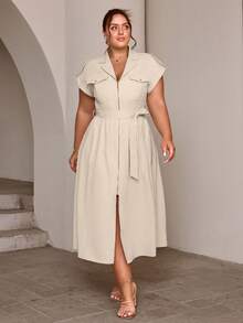 Plus Size Women's Autumn New Zipper Pocket Decor Long Dress, Fashionable Commuter, Office Outfits For Women, Teacher Outfits For Women