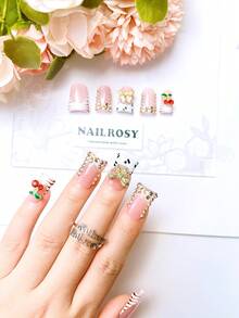 10Pcs Handmade Duck Nails Short Y2K Style Press On Nails With Rhinestones, White Cherry, Gift Box Packaging, French Tip, Summer & Wedding & Prom & Daily Wear & Parties, For Women & Girls, Reusable Easy To Apply - Nailrosy - 紅色 - 查看 3